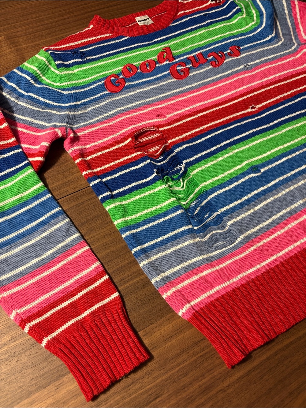 Chucky 'Good Guys' Striped Crewneck Sweater - Red, Blue, Green, Pink